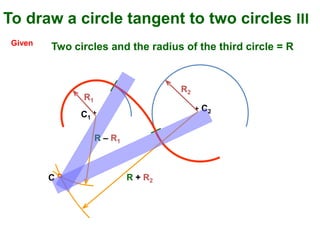 +C1
+ C2
To draw a circle tangent to two circles III
Given
Two circles and the radius of the third circle = R
R + R2
R – R1
R1
R2
C
 