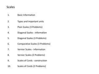 Scales
1. Basic Information
2. Types and important units
3. Plain Scales (3 Problems)
4. Diagonal Scales - information
5. Diagonal Scales (3 Problems)
6. Comparative Scales (3 Problems)
7. Vernier Scales - information
8. Vernier Scales (2 Problems)
9. Scales of Cords - construction
10. Scales of Cords (2 Problems)
 