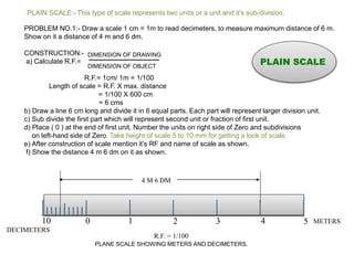 0 1 2 3 4 510
PLAIN SCALE:- This type of scale represents two units or a unit and it’s sub-division.
METERS
DECIMETERS
R.F. = 1/100
4 M 6 DM
PLANE SCALE SHOWING METERS AND DECIMETERS.
PROBLEM NO.1:- Draw a scale 1 cm = 1m to read decimeters, to measure maximum distance of 6 m.
Show on it a distance of 4 m and 6 dm.
CONSTRUCTION:-
a) Calculate R.F.=
R.F.= 1cm/ 1m = 1/100
Length of scale = R.F. X max. distance
= 1/100 X 600 cm
= 6 cms
b) Draw a line 6 cm long and divide it in 6 equal parts. Each part will represent larger division unit.
c) Sub divide the first part which will represent second unit or fraction of first unit.
d) Place ( 0 ) at the end of first unit. Number the units on right side of Zero and subdivisions
on left-hand side of Zero. Take height of scale 5 to 10 mm for getting a look of scale.
e) After construction of scale mention it’s RF and name of scale as shown.
f) Show the distance 4 m 6 dm on it as shown.
DIMENSION OF DRAWING
DIMENSION OF OBJECT
PLAIN SCALE
 