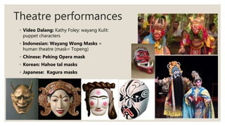 Theatre performances
◦ Video Dalang: Kathy Foley: wayang Kulit:
puppet characters
◦ Indonesian: Wayang Wong Masks =
human theatre (mask= Topeng)
◦ Chinese: Peking Opera mask
◦ Korean: Hahoe tal masks
◦ Japanese: Kagura masks
 