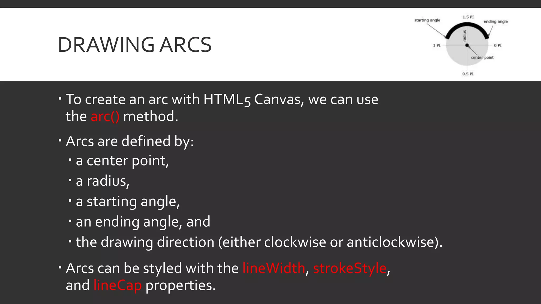 DRAWING ARCS
 To create an arc with HTML5 Canvas, we can use
the arc() method.
 Arcs are defined by:
 a center point,
 a radius,
 a starting angle,
 an ending angle, and
 the drawing direction (either clockwise or anticlockwise).
 Arcs can be styled with the lineWidth, strokeStyle,
and lineCap properties.
 