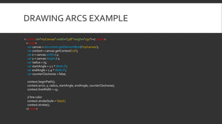 DRAWING ARCS EXAMPLE
<canvas id="myCanvas" width="578" height="250"></canvas>
<script>
var canvas = document.getElementById('myCanvas');
var context = canvas.getContext('2d');
var x = canvas.width / 2;
var y = canvas.height / 2;
var radius = 75;
var startAngle = 1.1 * Math.PI;
var endAngle = 1.9 * Math.PI;
var counterClockwise = false;
context.beginPath();
context.arc(x, y, radius, startAngle, endAngle, counterClockwise);
context.lineWidth = 15;
// line color
context.strokeStyle = 'black';
context.stroke();
</script>
 