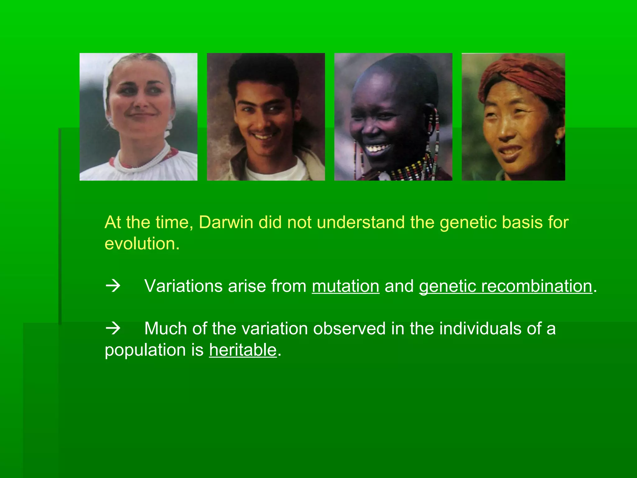 At the time, Darwin did not understand the genetic basis for
evolution.
 Variations arise from mutation and genetic recombination.
 Much of the variation observed in the individuals of a
population is heritable.
 
