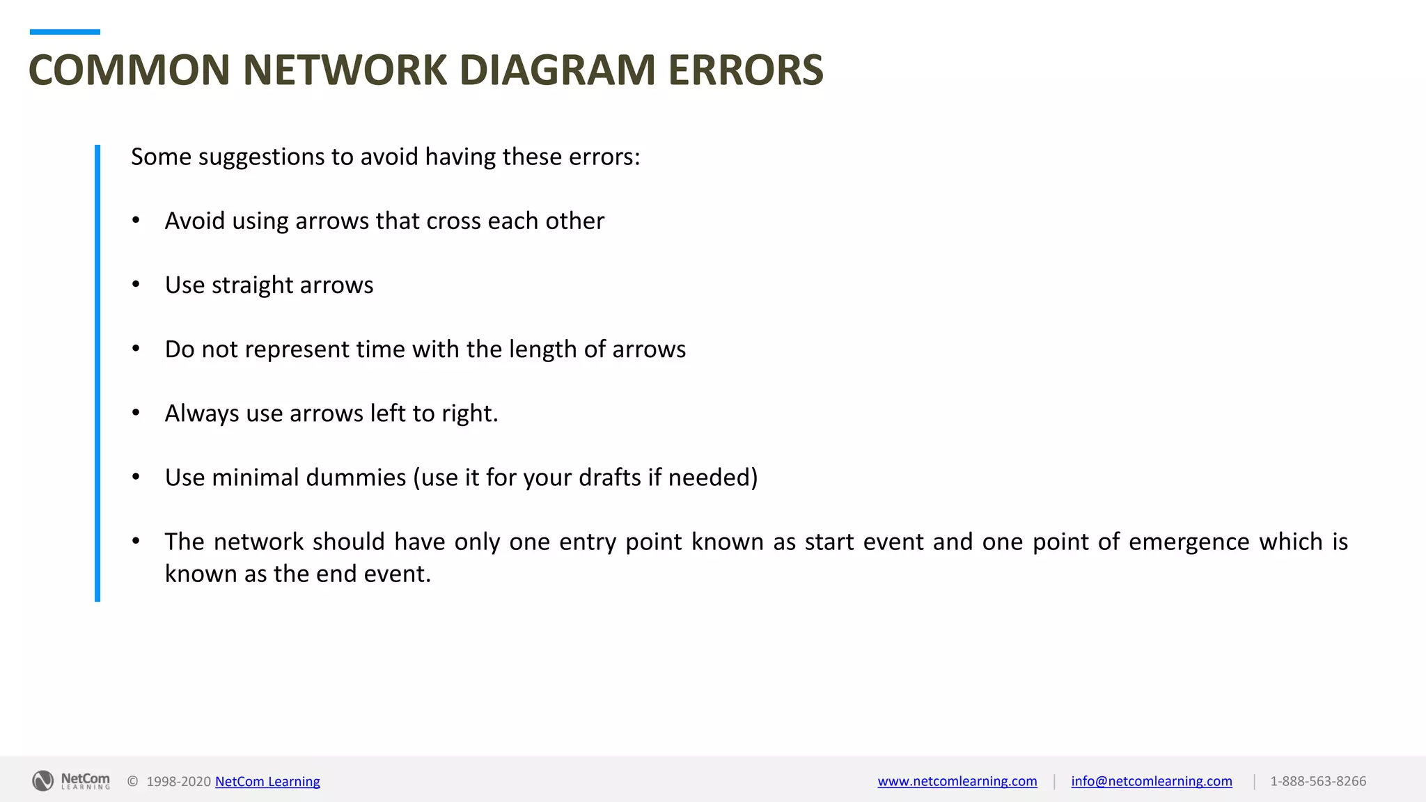© 1998-2020 NetCom Learning www.netcomlearning.com info@netcomlearning.com 1-888-563-8266||
COMMON NETWORK DIAGRAM ERRORS
Some suggestions to avoid having these errors:
• Avoid using arrows that cross each other
• Use straight arrows
• Do not represent time with the length of arrows
• Always use arrows left to right.
• Use minimal dummies (use it for your drafts if needed)
• The network should have only one entry point known as start event and one point of emergence which is
known as the end event.
 