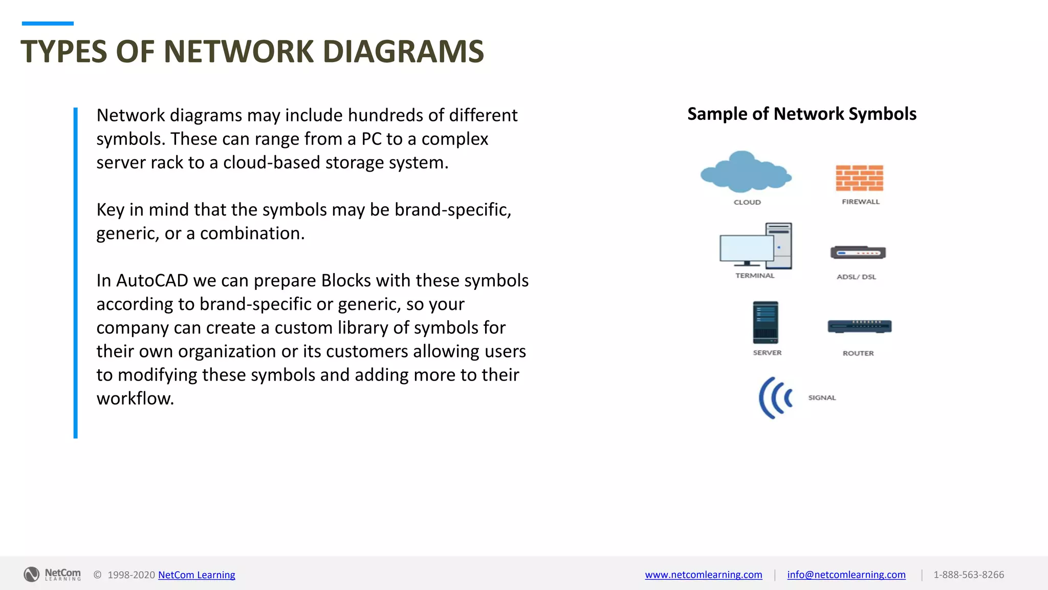 © 1998-2020 NetCom Learning www.netcomlearning.com info@netcomlearning.com 1-888-563-8266||
TYPES OF NETWORK DIAGRAMS
Network diagrams may include hundreds of different
symbols. These can range from a PC to a complex
server rack to a cloud-based storage system.
Key in mind that the symbols may be brand-specific,
generic, or a combination.
In AutoCAD we can prepare Blocks with these symbols
according to brand-specific or generic, so your
company can create a custom library of symbols for
their own organization or its customers allowing users
to modifying these symbols and adding more to their
workflow.
Sample of Network Symbols
 