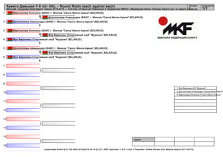1
2
3
4
5
6
7
8
9
10
11
12
13
14
15
16
судьи:
(c)sportdata GmbH & Co KG 2000-2016(2016-03-16 22:27) -WKF Approved- v 9.0.1 build 1 Лицензия: Sanker Karate Club Belarus (expire 2017-08-15)
Татами подгруппа
1/11
Кумитэ Девушки 7-9 лет Абс. - Round Robin (each against each)
Минская Городская Лига Каратэ сезона 2015-2016 — 4-й этап «Открытый Чемпионат и Первенство ММОО «Федерация Нихон Сётокан Каратэ-до» по каратэ среди де...
Мартьянова Ангелина (БФКС г. Минска "Санга Минск-Арена",BELARUS)
5
Долгополова Александра (БФКС г. Минска "Санга Минск-Арена",BELARUS)
0
Мартьянова Ангелина (БФКС г. Минска "Санга Минск-Арена",BELARUS)
0
Жук Вероника (Спортивный клуб "Фудосин",BELARUS)
8
Долгополова Александра (БФКС г. Минска "Санга Минск-Арена",BELARUS)
0
Жук Вероника (Спортивный клуб "Фудосин",BELARUS)
8
Долгополова Александра (БФКС г. Минска "Санга Минск-Арена",BELARUS)
Жук Вероника (Спортивный клуб "Фудосин",BELARUS)
Жук Вероника (Спортивный клуб "Фудосин",BELARUS)
1. Жук Вероника (СК "Фудосин")
2. Долгополова Александра ("Санга Минск-Арена"
3. Мартьянова Ангелина ("Санга Минск-Арена")
 