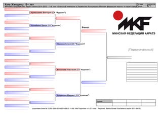 судьи:
(c)sportdata GmbH & Co KG 2000-2016(2016-04-23 14:59) -WKF Approved- v 9.0.1 build 1 Лицензия: Sanker Karate Club Belarus (expire 2017-08-15)
Татами подгруппа
1/11
Ката Женщины 16+ лет
Минская Городская Лига Каратэ сезона 2014-2015 — 5-й этап «Открытый Чемпионат и Первенство Ассоциации «Минская федерация каратэ» по каратэ среди детей...
Финал
Кривошеева Виктория (СК "Фудосин")
Копейкина Дарья (СК "Фудосин")
Иванова Алеся (СК "Фудосин")
Филонова Анастасия (СК "Фудосин")
Колдасова Меруерт (СК "Фудосин")
[Первоначальный]
 