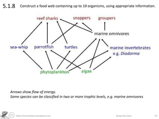 http://sciencevideos.wordpress.com Draw the Core 37
5.1.8 Construct a food web containing up to 10 organisms, using appropriate information.
Arrows show flow of energy.
Some species can be classified in two or more trophic levels, e.g. marine omnivores
 