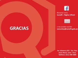 Búscanos como
Sunafil - Página Oficial
o nos pueden escribir
consultas@sunafil.gob.pe
Av. Salaverry 655 - 5to. Piso.
Jesús María, Lima - Perú.
Teléfono: (511) 390 2800
 