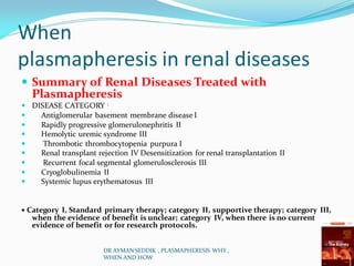 When
plasmapheresis in renal diseases
 Summary of Renal Diseases Treated with
Plasmapheresis
 DISEASE CATEGORY :
 Antiglomerular basement membrane disease I
 Rapidly progressive glomerulonephritis II
 Hemolytic uremic syndrome III
 Thrombotic thrombocytopenia purpura I
 Renal transplant rejection IV Desensitization for renal transplantation II
 Recurrent focal segmental glomerulosclerosis III
 Cryoglobulinemia II
 Systemic lupus erythematosus III
∗ Category I, Standard primary therapy; category II, supportive therapy; category III,
when the evidence of benefit is unclear; category IV, when there is no current
evidence of benefit or for research protocols.
DR AYMAN SEDDIK , PLASMAPHERESIS WHY ,
WHEN AND HOW
 