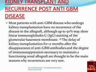 KIDNEY TRANSPLANT AND
RECURRENCE POST ANTI GBM
DISEASE
 Most patients with anti-GBM disease who undergo
kidney transplantation have no recurrence of the
disease in the allograft, although up to 50% may show
linear immunoglobulin G (IgG) staining of the
glomerularbasement membrane. 18 The delayof
kidney transplantation for 12 months after the
disappearanceof anti-GBM antibodiesand the degree
of immunosuppression necessary to maintain a
functioning renal allograft are thought to be the main
reasons why recurrences are very rare.
DR AYMAN SEDDIK , PLASMAPHERESIS WHY ,
WHEN AND HOW
 