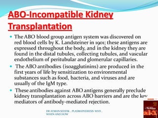 ABO-Incompatible Kidney
Transplantation
 The ABO blood group antigen system was discovered on
red blood cells by K. Landsteiner in 1901; these antigens are
expressed throughout the body, and in the kidney they are
found in the distal tubules, collecting tubules, and vascular
endothelium of peritubular and glomerular capillaries.
 The ABO antibodies (isoagglutinins) are produced in the
first years of life by sensitization to environmental
substances such as food, bacteria, and viruses and are
usually of the IgM type.
 These antibodies against ABO antigens generally preclude
kidney transplantation across ABO barriers and are the key
mediators of antibody-mediated rejection.
DR AYMAN SEDDIK , PLASMAPHERESIS WHY ,
WHEN AND HOW
 