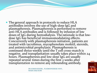  The general approach in protocols to reduce HLA
antibodies involves the use of high-dose IgG and
plasmapheresis. Plasmapheresis is performed to remove
anti-HLA antibodies and is followed by infusion of low
doses of IgG during hemodialysis. The rationale is that low-
dose IgG has beneficial immunomodulating effects.
Concurrently with plasmapheresis initiation, patients are
treated with tacrolimus, mycophenolate mofetil, steroids,
and antimicrobial prophylaxis. Plasmapheresis is
continued thrice weekly until the T cell cross-match is
negative, and transplantation usually takes place within 24
hours. Plasmapheresis and low-dose IgG are usually
repeated several times during the first 2 weeks after
transplantation to remove any rebounding antibody.
DR AYMAN SEDDIK , PLASMAPHERESIS WHY ,
WHEN AND HOW
 