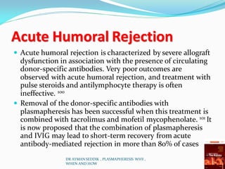 Acute Humoral Rejection
 Acute humoral rejection is characterized by severe allograft
dysfunction in association with the presence of circulating
donor-specific antibodies. Very poor outcomes are
observed with acute humoral rejection, and treatment with
pulse steroids and antilymphocyte therapy is often
ineffective. 100
 Removal of the donor-specific antibodies with
plasmapheresis has been successful when this treatment is
combined with tacrolimus and mofetil mycophenolate. 101 It
is now proposed that the combination of plasmapheresis
and IVIG may lead to short-term recovery from acute
antibody-mediated rejection in more than 80% of cases
DR AYMAN SEDDIK , PLASMAPHERESIS WHY ,
WHEN AND HOW
 