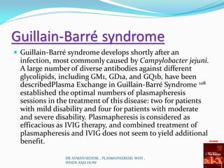 Guillain-Barré syndrome
 Guillain-Barré syndrome develops shortly after an
infection, most commonly caused by Campylobacter jejuni.
A large number of diverse antibodies against different
glycolipids, including GM1, GD1a, and GQ1b, have been
describedPlasma Exchange in Guillain-Barré Syndrome 108
established the optimal numbers of plasmapheresis
sessions in the treatment of this disease: two for patients
with mild disability and four for patients with moderate
and severe disability. Plasmapheresis is considered as
efficacious as IVIG therapy, and combined treatment of
plasmapheresis and IVIG does not seem to yield additional
benefit.
DR AYMAN SEDDIK , PLASMAPHERESIS WHY ,
WHEN AND HOW
 