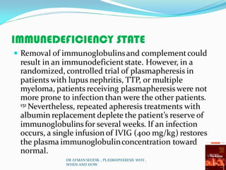 IMMUNEDEFICIENCY STATE
 Removal of immunoglobulinsand complementcould
result in an immunodeficientstate. However, in a
randomized, controlled trial of plasmapheresis in
patients with lupus nephritis, TTP, or multiple
myeloma, patients receiving plasmapheresis were not
more prone to infection than were the other patients.
151 Nevertheless, repeated apheresis treatments with
albumin replacement deplete the patient’s reserve of
immunoglobulinsfor several weeks. If an infection
occurs, a single infusion of IVIG (400 mg/kg) restores
the plasma immunoglobulinconcentration toward
normal.
DR AYMAN SEDDIK , PLASMAPHERESIS WHY ,
WHEN AND HOW
 