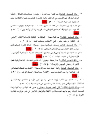 21
0-‫ىة‬‫ى‬‫ب‬‫لمطال‬ ‫ىتير‬‫ى‬‫س‬‫الماج‬ ‫ىالة‬‫ى‬‫س‬‫ر‬/‫ىفيق‬‫ى‬‫ش‬ ‫ىة‬‫ى‬‫ب‬‫ى‬، ‫اد‬‫و‬‫ى‬‫ى‬‫ج‬‫ال‬ ‫ىد‬‫ى‬‫ب‬‫ع‬‫ال‬ ‫اتيجيات‬‫ر‬‫ىت‬‫ى‬‫س‬‫ا‬ : ‫ان‬‫و‬‫ى‬‫ى‬‫ن‬‫بع‬‫ىة‬‫ى‬‫ي‬‫وفاعم‬ ‫ىايش‬‫ى‬‫ع‬‫ت‬
‫ىدى‬‫ى‬‫ى‬‫ى‬‫ل‬ ‫ىة‬‫ى‬‫ى‬‫ى‬‫س‬‫باالنتكا‬ ‫ىة‬‫ى‬‫ى‬‫ى‬‫ئ‬‫منب‬ ‫ات‬‫ر‬‫ى‬‫ى‬‫ى‬‫ى‬‫ي‬ ‫كمت‬ ‫ة‬‫ر‬‫ىو‬‫ى‬‫ى‬‫ى‬‫ط‬‫الخ‬ ‫ىة‬‫ى‬‫ى‬‫ى‬‫ي‬‫عال‬ ‫ىف‬‫ى‬‫ى‬‫ى‬‫ق‬‫ا‬‫و‬‫الم‬ ‫ىع‬‫ى‬‫ى‬‫ى‬‫م‬ ‫ىل‬‫ى‬‫ى‬‫ى‬‫م‬‫التعا‬ ‫ىى‬‫ى‬‫ى‬‫ى‬‫ف‬ ‫ىة‬‫ى‬‫ى‬‫ى‬‫ك‬‫المدر‬ ‫ىذات‬‫ى‬‫ى‬‫ى‬‫ل‬‫ا‬
(، ‫النفسية‬ ‫اد‬‫و‬‫الم‬ ‫عمى‬ ‫المعتمدين‬0488).‫نوقشت‬
0-/ ‫لمطالبة‬ ‫المجاستير‬ ‫رسالة‬" ‫ان‬‫و‬‫ى‬‫ن‬‫بع‬ ، ‫عكاشة‬ ‫منار‬‫ىايش‬‫ع‬‫الت‬ ‫اتيجيات‬‫ر‬‫ىت‬‫س‬‫ا‬‫و‬ ‫ىة‬‫ي‬‫االجتماع‬ ‫ىاندة‬‫س‬‫الم‬
‫ىا‬‫ى‬‫ي‬‫الح‬ ‫ىة‬‫ى‬‫ي‬‫بنوع‬ ‫ىة‬‫ى‬‫ئ‬‫منب‬ ‫ات‬‫ر‬‫ى‬‫ى‬‫ي‬ ‫كمت‬‫ى‬‫ى‬‫ص‬‫ب‬ ‫ىاقين‬‫ى‬‫ع‬‫الم‬ ‫اىقين‬‫ر‬‫ى‬‫ى‬‫م‬‫ال‬ ‫ىدى‬‫ى‬‫ل‬ ‫ة‬( ، "‫ين‬‫ر‬‫ى‬‫ى‬‫ص‬‫المب‬‫و‬ ً‫ا‬‫ى‬‫ى‬‫ي‬‫كم‬ ‫يا‬‫ر‬0480).
‫نوقشت‬
0-/ ‫لمطالبة‬ ‫المجاستير‬ ‫رسالة‬‫ىى‬‫س‬‫األسا‬ ‫ىاب‬‫ئ‬‫االكت‬‫و‬ ‫ىة‬‫ي‬‫الد‬‫و‬‫ال‬ ‫ىئة‬‫ش‬‫التن‬ ‫ىين‬‫ب‬ ‫ىة‬‫ق‬‫العال‬ " ‫ان‬‫و‬‫ى‬‫ن‬‫بع‬ ‫كمال‬ ‫ىبة‬
‫ير‬ ‫مت‬ ‫ضوء‬ ‫فى‬ ‫األطفال‬ ‫لدى‬‫ى‬‫التعمق‬ ‫أساليب‬‫و‬ ‫االجتماعى‬ ‫ع‬‫النو‬( ، "0480).
0-/ ‫ىب‬‫ى‬‫ل‬‫لمطا‬ ‫ىتير‬‫ى‬‫س‬‫المجا‬ ‫ىالة‬‫ى‬‫س‬‫ر‬‫ر‬‫ىابر‬‫ى‬‫ص‬ ‫ىالحين‬‫ى‬‫ص‬‫ال‬ ‫ىاض‬‫ى‬‫ي‬‫ان‬‫و‬‫ى‬‫ى‬‫ن‬‫بع‬ ،"‫ىدى‬‫ى‬‫ل‬ ‫ىى‬‫ى‬‫ف‬‫ر‬‫المع‬ ‫ىويو‬‫ى‬‫ش‬‫الت‬ ‫ىاط‬‫ى‬‫م‬‫أن‬
‫اىقين‬‫ر‬‫الم‬‫و‬ ‫األطفال‬ ‫من‬ ‫االجتماعى‬ ‫القمق‬ ‫مرضى‬"،(0480).‫نوقشت‬
5-/ ‫ىة‬‫ى‬‫ب‬‫لمطال‬ ‫ىتير‬‫ى‬‫س‬‫المجا‬ ‫ىالة‬‫ى‬‫س‬‫ر‬‫ىا‬‫ى‬‫م‬ ‫اض‬‫ر‬‫ى‬‫ى‬‫ع‬‫أل‬ ‫ىة‬‫ى‬‫ي‬‫االجتماع‬ ‫ىية‬‫ى‬‫س‬‫النف‬ ‫ىددات‬‫ى‬‫ح‬‫الم‬ " ‫ان‬‫و‬‫ى‬‫ى‬‫ن‬‫بع‬ ، ‫ىى‬‫ى‬‫ح‬‫فت‬ ‫ىى‬‫ى‬‫ن‬‫م‬
( ، " ‫الجامعة‬ ‫طالبات‬ ‫لدى‬ ‫الحيض‬ ‫قبل‬0480. )‫نوقشت‬
1-‫رس‬‫لمطالب‬ ‫الماجستير‬ ‫الة‬" ‫ان‬‫و‬‫بعن‬ ، ‫جمعة‬ ‫ىشام‬ /‫الدافعية‬‫و‬ ‫الالعقالنية‬ ‫المعتقدات‬ ‫بين‬ ‫العالقة‬
، " ‫امدول‬‫ر‬‫الت‬‫و‬ ‫الييروين‬ ‫مدمنى‬ ‫لدى‬ ‫ير‬ ‫لمت‬(0480).‫نوقشت‬
0-‫ىة‬‫ى‬‫ب‬‫لمطال‬ ‫ىتير‬‫ى‬‫س‬‫الماج‬ ‫ىالة‬‫س‬‫ر‬‫ىاعى‬‫ى‬‫م‬‫االجت‬ ‫ىموك‬‫ى‬‫س‬‫ال‬ ‫اب‬‫ر‬‫ىط‬‫ى‬‫ض‬‫ا‬ " ‫ان‬‫و‬‫ى‬‫ى‬‫ن‬‫بع‬ ، ‫او‬ ‫ىد‬‫ى‬‫ب‬‫ع‬ ‫ىيد‬‫س‬ ‫ىز‬‫ى‬‫ت‬‫مع‬ ‫ىان‬‫ى‬‫م‬‫إي‬ /
‫اضطر‬ ‫ذوى‬ ‫من‬ ‫اىقين‬‫ر‬‫الم‬ ‫لدى‬‫و‬ ‫الحركة‬ ‫فرط‬ / ‫االنتباه‬ ‫قصور‬ ‫اب‬‫ىوى‬‫ض‬‫الفو‬ ‫ىموك‬‫س‬‫ال‬(،0480).
.‫نوقشت‬
84-‫ىة‬‫ى‬‫ى‬‫ى‬‫ى‬‫ب‬‫لمطال‬ ‫ىتير‬‫ى‬‫ى‬‫ى‬‫ى‬‫س‬‫الماج‬ ‫ىالة‬‫ى‬‫ى‬‫ى‬‫ى‬‫س‬‫ر‬‫ىل‬‫ى‬‫ى‬‫ى‬‫ى‬‫ح‬ ‫ىاءة‬‫ى‬‫ى‬‫ى‬‫ى‬‫ف‬‫وك‬ ‫ىة‬‫ى‬‫ى‬‫ى‬‫ى‬‫ي‬‫االندفاع‬ ‫ىن‬‫ى‬‫ى‬‫ى‬‫ى‬‫م‬ ‫ىل‬‫ى‬‫ى‬‫ى‬‫ى‬‫ك‬ ‫دور‬ " ‫ان‬‫و‬‫ى‬‫ى‬‫ى‬‫ى‬‫ى‬‫ن‬‫بع‬ ، ‫ىدى‬‫ى‬‫ى‬‫ى‬‫ى‬‫م‬‫ح‬ ‫ىا‬‫ى‬‫ى‬‫ى‬‫ى‬‫ن‬‫ر‬ /
‫االجتماعية‬ ‫المشكالت‬‫النفسية‬ ‫اد‬‫و‬‫الم‬ ‫عمى‬ ‫المعتمدين‬ ‫لدى‬ ‫باالنتكاسة‬ ‫التنبؤ‬ ‫فى‬( ،"0480. )
88-‫لمطالبة‬ ‫اة‬‫ر‬‫الدكتو‬ ‫رسالة‬‫طعيمة‬ ‫أحمد‬ ‫ليمى‬ /، ‫ان‬‫و‬‫بعن‬ ،‫بزممة‬ ‫وعالقتيا‬ ‫الدين‬‫و‬‫ال‬ ‫فقد‬ ‫صور‬
‫ىدمة‬‫ى‬‫ى‬‫ى‬‫ى‬‫ص‬‫ال‬ ‫بعد‬ ‫ما‬ ‫ونمو‬ ‫ىمائية‬‫ن‬‫ال‬ ‫ىدمة‬‫ى‬‫ى‬‫ى‬‫ى‬‫ص‬‫ال‬‫المقاومة‬ ‫ات‬‫ر‬‫مؤش‬ ‫ضوء‬ ‫في‬ ‫الالجئين‬ ‫اىقين‬‫ر‬‫الم‬‫و‬ ‫األطفال‬ ‫لدى‬
‫ية‬‫ر‬‫األس‬( ،0481. )
 