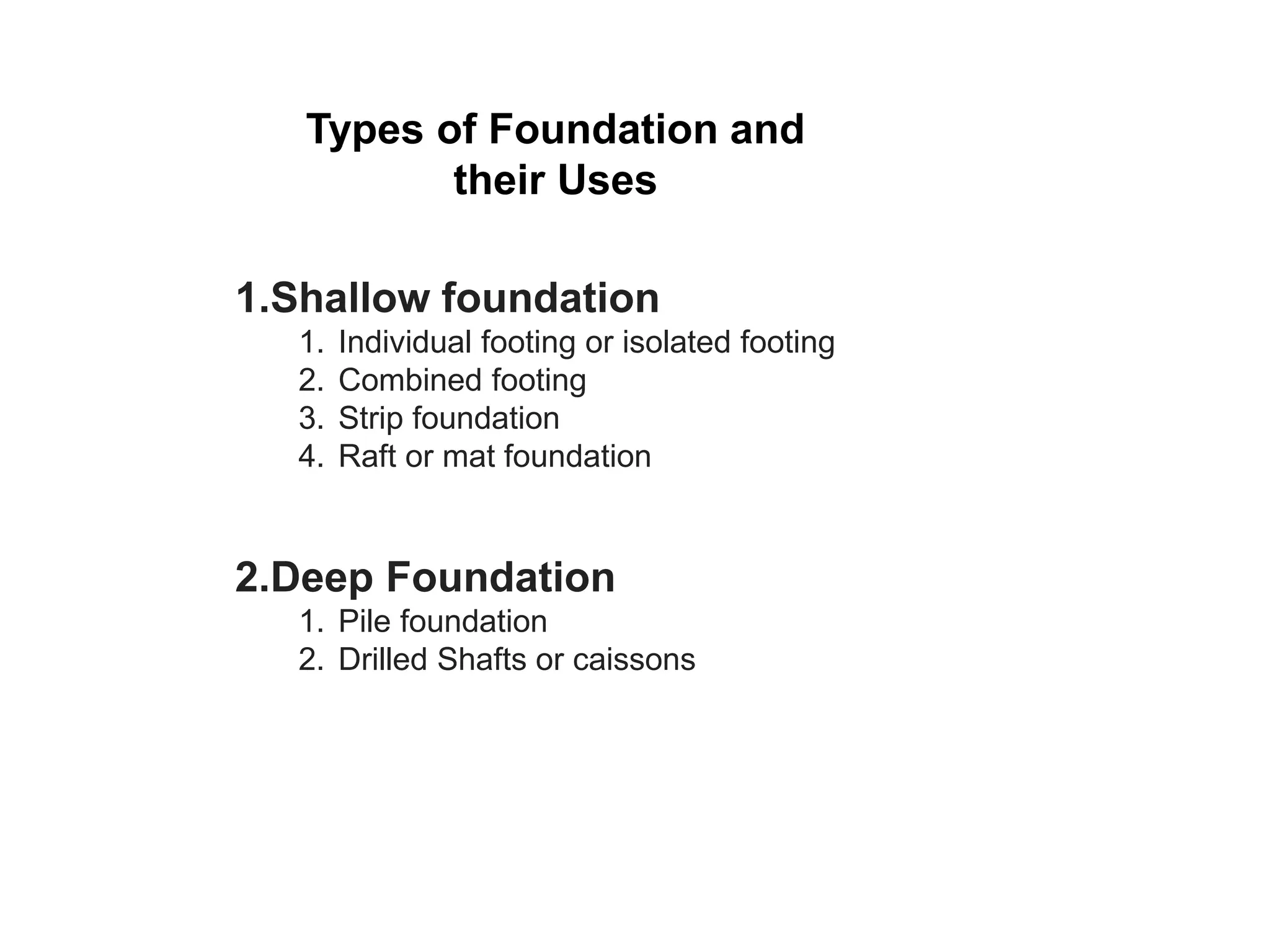 Types of Foundation and
their Uses
1.Shallow foundation
1. Individual footing or isolated footing
2. Combined footing
3. Strip foundation
4. Raft or mat foundation
2.Deep Foundation
1. Pile foundation
2. Drilled Shafts or caissons
 