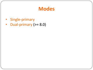 Modes
• Single-primary
• Dual-primary (>= 8.0)
 