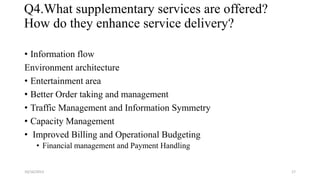 Q4.What supplementary services are offered?
How do they enhance service delivery?
• Information flow
Environment architecture
• Entertainment area
• Better Order taking and management
• Traffic Management and Information Symmetry
• Capacity Management
• Improved Billing and Operational Budgeting
• Financial management and Payment Handling

10/16/2013

17

 