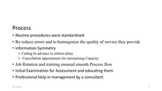 Process
• Routine procedures were standardized
• Ro reduce errors and to homogenize the quality of service they provide
• Information Symmetry
• Calling In advance to inform delay
• Cancellation appointment for maintaining Capacity

• Job Rotation and training ensured smooth Process flow
• Initial Examination for Assessment and educating them
• Professional Help in management by a consultant
10/16/2013

9

 