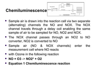  Sample air is drawn into the reaction cell via two separate
(alternating) channels the NO and NOX. The NOX
channel trave...