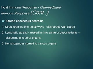 Host Immune Response - Cell-mediated
Immune Response (Cont..)
▰ Spread of caseous necrosis
1. Direct draining into the airways - discharged with cough
2. Lymphatic spread - reseeding into same or opposite lung →
disseminate to other organs.
3. Hematogenous spread to various organs
 