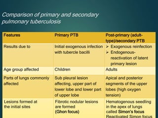 Comparison of primary and secondary
pulmonary tuberculosis
Features Primary PTB Post-primary (adult-
type)/secondary PTB
Results due to Initial exogenous infection
with tubercle bacilli
 Exogenous reinfection
 Endogenous-
reactivation of latent
primary lesion
Age group affected Children Adults
Parts of lungs commonly
affected
Sub pleural lesion
affecting, upper part of
lower lobe and lower part
of upper lobe
Apical and posterior
segments of the upper
lobes (high oxygen
tension)
Lesions formed at
the initial sites
Fibrotic nodular lesions
are formed
(Ghon focus)
Hematogenous seedling
in the apex of lungs
called Simon’s focus
 