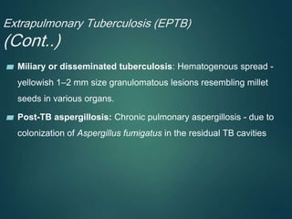 Extrapulmonary Tuberculosis (EPTB)
(Cont..)
▰ Miliary or disseminated tuberculosis: Hematogenous spread -
yellowish 1–2 mm size granulomatous lesions resembling millet
seeds in various organs.
▰ Post-TB aspergillosis: Chronic pulmonary aspergillosis - due to
colonization of Aspergillus fumigatus in the residual TB cavities
 