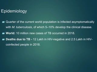 Epidemiology
▰ Quarter of the current world population is infected asymptomatically
with M. tuberculosis, of which 5–10% develop the clinical disease.
▰ World: 10 million new cases of TB occurred in 2018.
▰ Deaths due to TB - 12 Lakh in HIV-negative and 2.5 Lakh in HIV-
coinfected people in 2018.
 