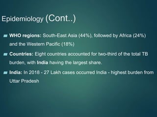 Epidemiology (Cont..)
▰ WHO regions: South-East Asia (44%), followed by Africa (24%)
and the Western Pacific (18%)
▰ Countries: Eight countries accounted for two-third of the total TB
burden, with India having the largest share.
▰ India: In 2018 - 27 Lakh cases occurred India - highest burden from
Uttar Pradesh
 