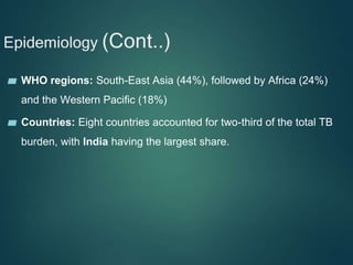 Epidemiology (Cont..)
▰ WHO regions: South-East Asia (44%), followed by Africa (24%)
and the Western Pacific (18%)
▰ Countries: Eight countries accounted for two-third of the total TB
burden, with India having the largest share.
 