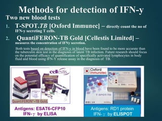 Methods for detection of IFN-y
Two new blood tests
1. T-SPOT.TB [Oxford Immunec] – directly count the no of
IFN-y secreting T cells.
2. QuantiFERON-TB Gold [Cellestis Limited] –
measures the concentration of IFNy secretion.
Both tests based on detection of IFN-y in blood have been found to be more accurate than
the tuberculin skin test in the diagnosis of latent TB infection. Future research should focus
on the potential efficacy of quantification of specifically activated lymphocytes in body
fluid and blood using IFN-Y release assay in the diagnosis of TB.
 