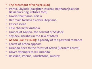• The Merchant of Venice(1600)
• Portia, Shylock (daughter Jessica), Balthazar(asks for
Bassanio’s ring, refuses fees)
• Lawyer Balthazar- Portia
• Her maid Nerissa as clerk Stephano
• Cascet scene
• Title character Antonio
• Launcelot Gobbo- the servant of Shylock
• Shylock- Barabas in the Jew of Malta
• As You Like It (1600): a parody of the pastoral romance
• Forest of Arden appears
• Orlando flees to the forest of Arden (Bernam Forest)
• Oliver attempts to kill Orlando
• Rosalind, Pheme, Touchstone, Audrey
 
