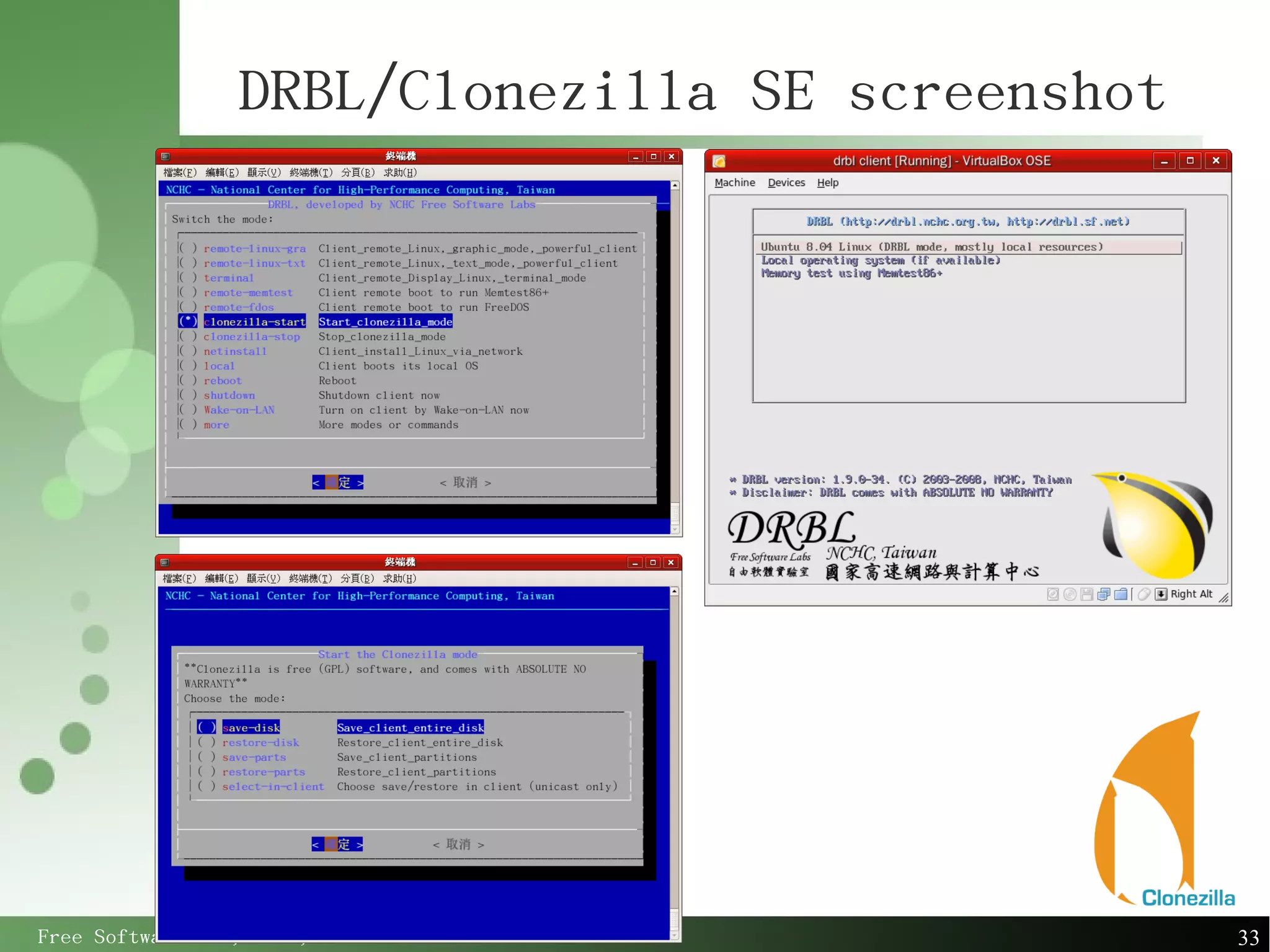 DRBL/Clonezilla SE screenshot




Free Software Lab, NCHC, Taiwan                  33
 