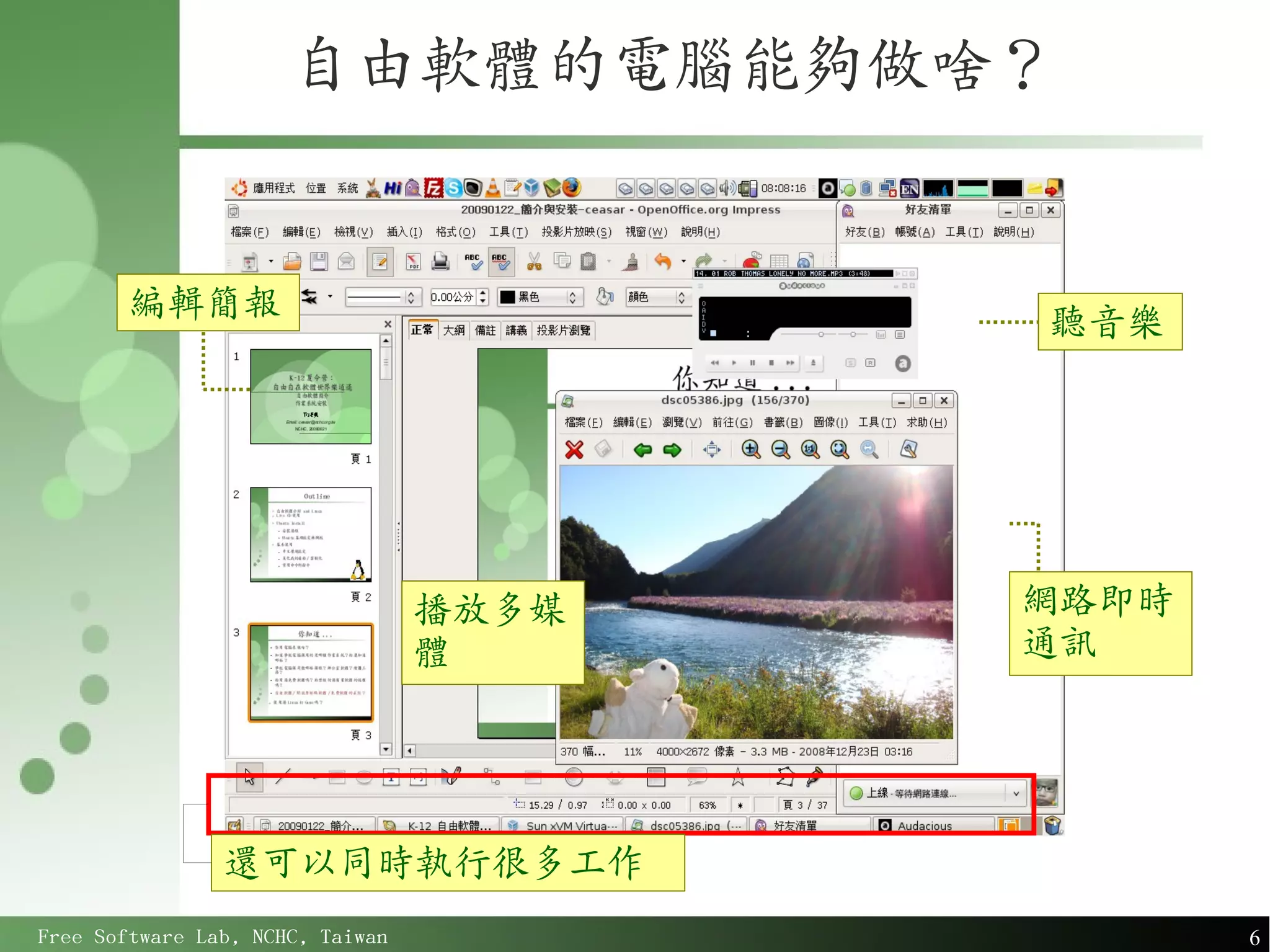 自由軟體的電腦能夠做啥？


        編輯簡報                             聽音樂




                                  播放多媒   網路即時
                                  體      通訊




                還可以同時執行很多工作
Free Software Lab, NCHC, Taiwan                 6
 