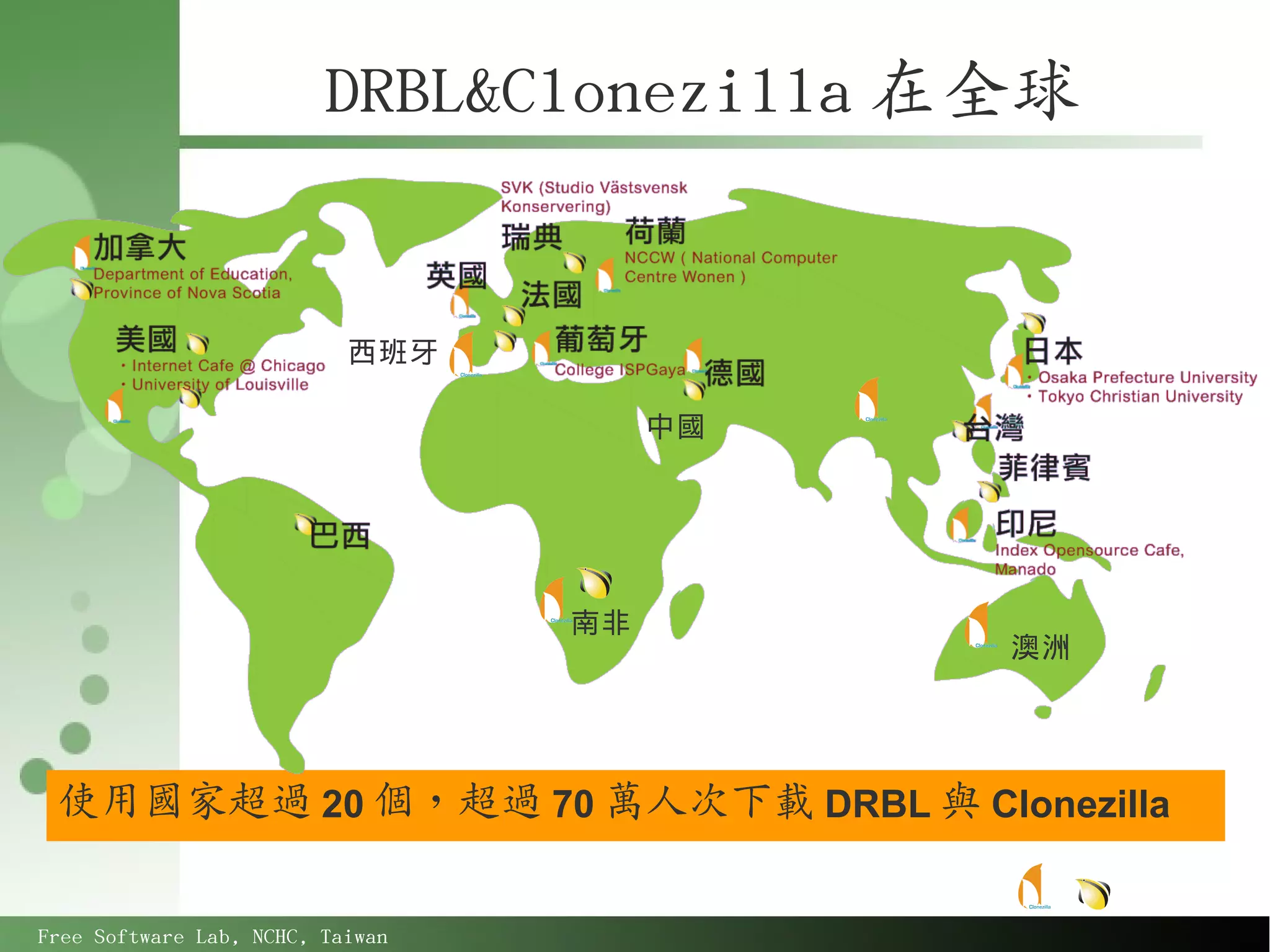 DRBL&Clonezilla 在全球


                           西班牙

                                       中國




                                  南非
                                            澳洲




 使用國家超過 20 個，超過 70 萬人次下載 DRBL 與 Clonezilla


Free Software Lab, NCHC, Taiwan
 