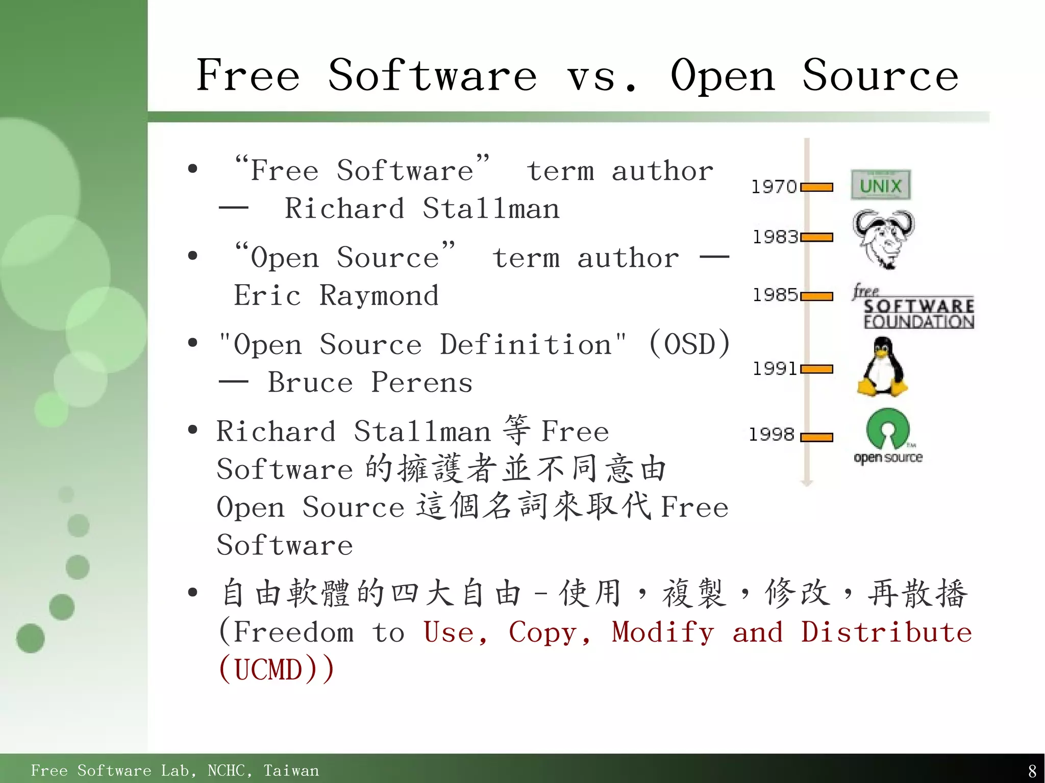 Free Software vs. Open Source
                ●
                    “Free Software” term author
                    – Richard Stallman
                ●
                    “Open Source” term author –
                     Eric Raymond
                ●
                    "Open Source Definition" (OSD)
                    – Bruce Perens
                ●
                    Richard Stallman 等 Free
                    Software 的擁護者並不同意由
                    Open Source 這個名詞來取代 Free
                    Software
                ●
                    自由軟體的四大自由 - 使用，複製，修改，再散播
                    (Freedom to Use, Copy, Modify and Distribute
                    (UCMD))

Free Software Lab, NCHC, Taiwan                                    8
 