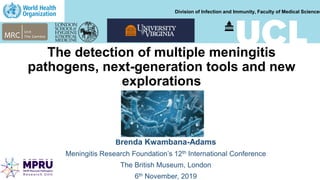 The detection of multiple meningitis
pathogens, next-generation tools and new
explorations
Brenda Kwambana-Adams
Meningitis Research Foundation’s 12th International Conference
The British Museum, London
6th November, 2019
Division of Infection and Immunity, Faculty of Medical Sciences
 