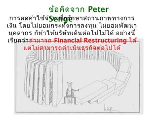 ข้อ คิด จำก Peter
 กำรลดค่ำ ใช้จ Senge ษำสถำนภำพทำงกำร
               ่ำ ยเพือ รัก
                      ่
เงิน โดยไม่ย อมกระทั่ง กำรลงทุน ไม่ย อมพัฒ นำ
 บุค ลำกร ก็ท ำำ ให้บ ริษ ท เดิน ต่อ ไปไม่ไ ด้ อย่ำ งนี้
                          ั
เรีย กว่ำ สำมำรถ Financial Restructuring ได้
       แต่ไ ม่ส ำมำรถดำำ เนิน ธุร กิจ ต่อ ไปได้
 