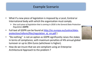• What if a new piece of legislation is imposed by a Local, Central or
International body with which the organisation must comply
 One such piece of legislation that is coming in 2018 is the General Data Protection
Regulation (GDPR)
• Full text of GDPR can be found at http://ec.europa.eu/justice/data-
protection/reform/files/regulation_oj_en.pdf )
• “Do nothing” is not an option as GDPR significantly raises the stakes
in terms of compliance, with maximum penalties of 4% annual global
turnover or up to 20m Euros (whichever is higher).
• How do we insure that we are compliant using an Enterprise
Architectural Approach to the problem ?
Example Scenario
 