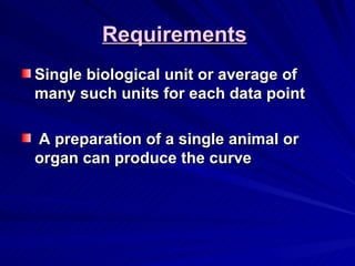 Requirements
Requirements
Single biological unit or average of
Single biological unit or average of
many such units for each data point
many such units for each data point
A preparation of a single animal or
A preparation of a single animal or
organ can produce the curve
organ can produce the curve
 