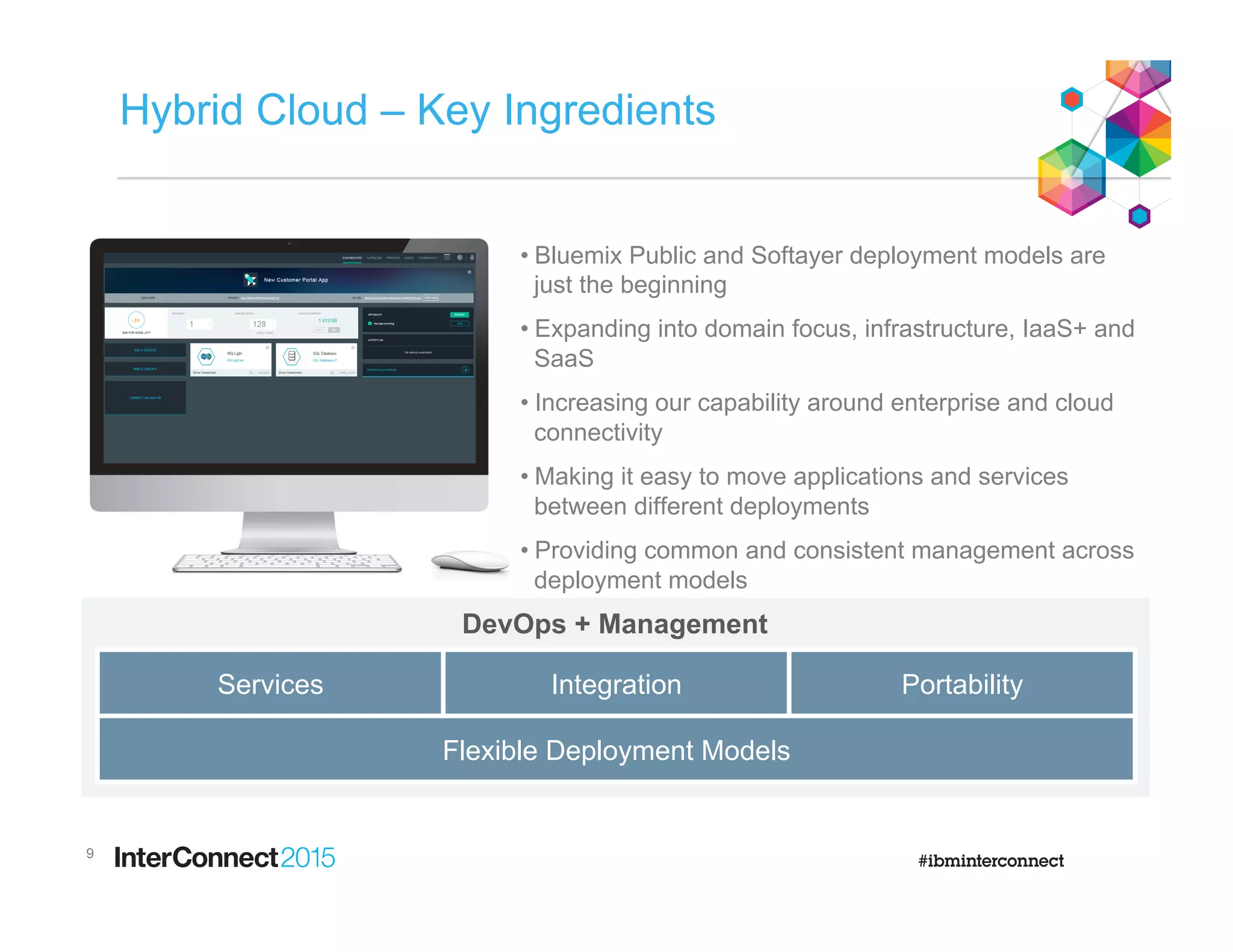 Hybrid Cloud – Key Ingredients
9
Services Integration Portability
Flexible Deployment Models
DevOps + Management
• Bluemix Public and Softayer deployment models are
just the beginning
• Expanding into domain focus, infrastructure, IaaS+ and
SaaS
• Increasing our capability around enterprise and cloud
connectivity
• Making it easy to move applications and services
between different deployments
• Providing common and consistent management across
deployment models
 