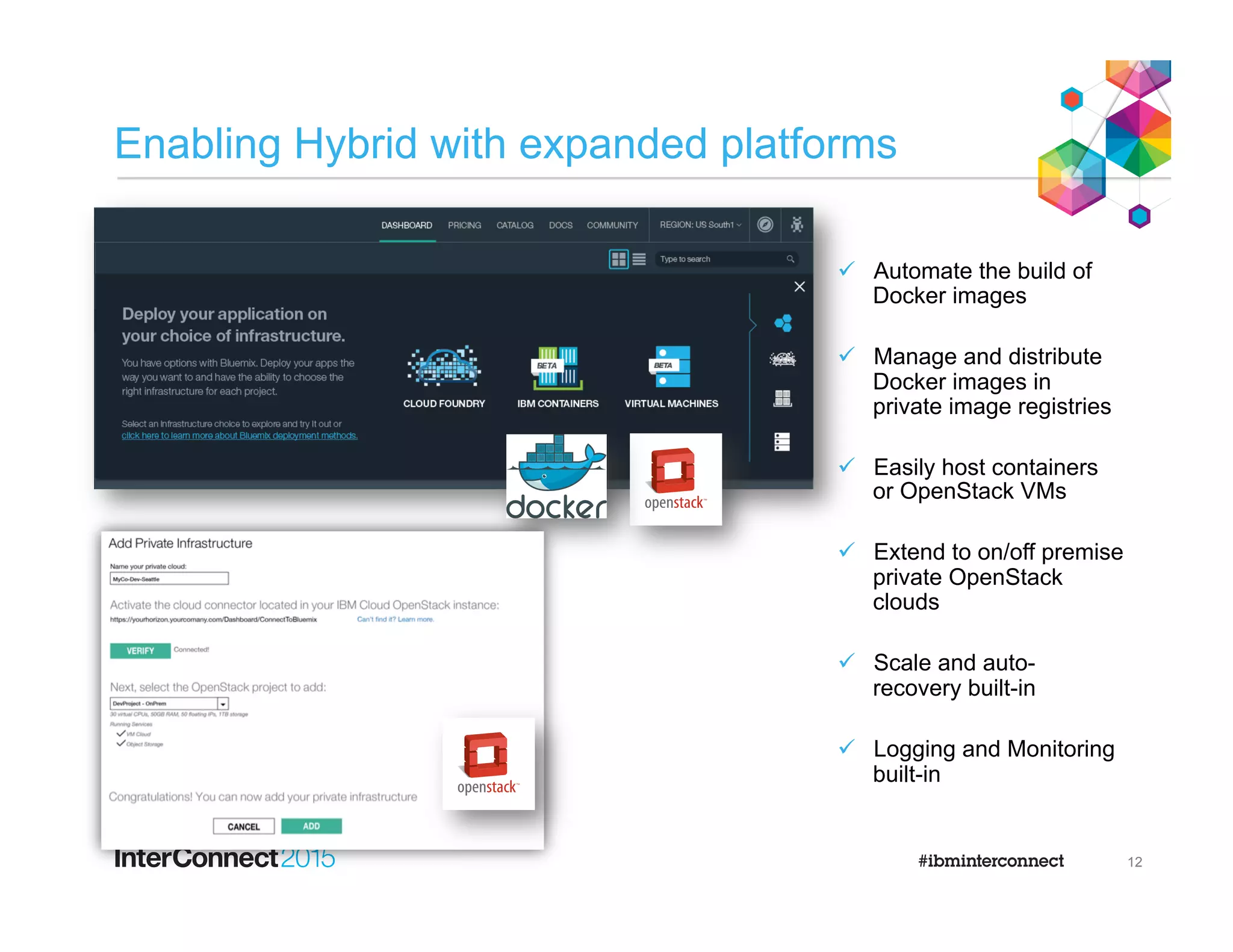 Enabling Hybrid with expanded platforms
ü  Automate the build of
Docker images
ü  Manage and distribute
Docker images in
private image registries
ü  Easily host containers
or OpenStack VMs
ü  Extend to on/off premise
private OpenStack
clouds
ü  Scale and auto-
recovery built-in
ü  Logging and Monitoring
built-in
12
 