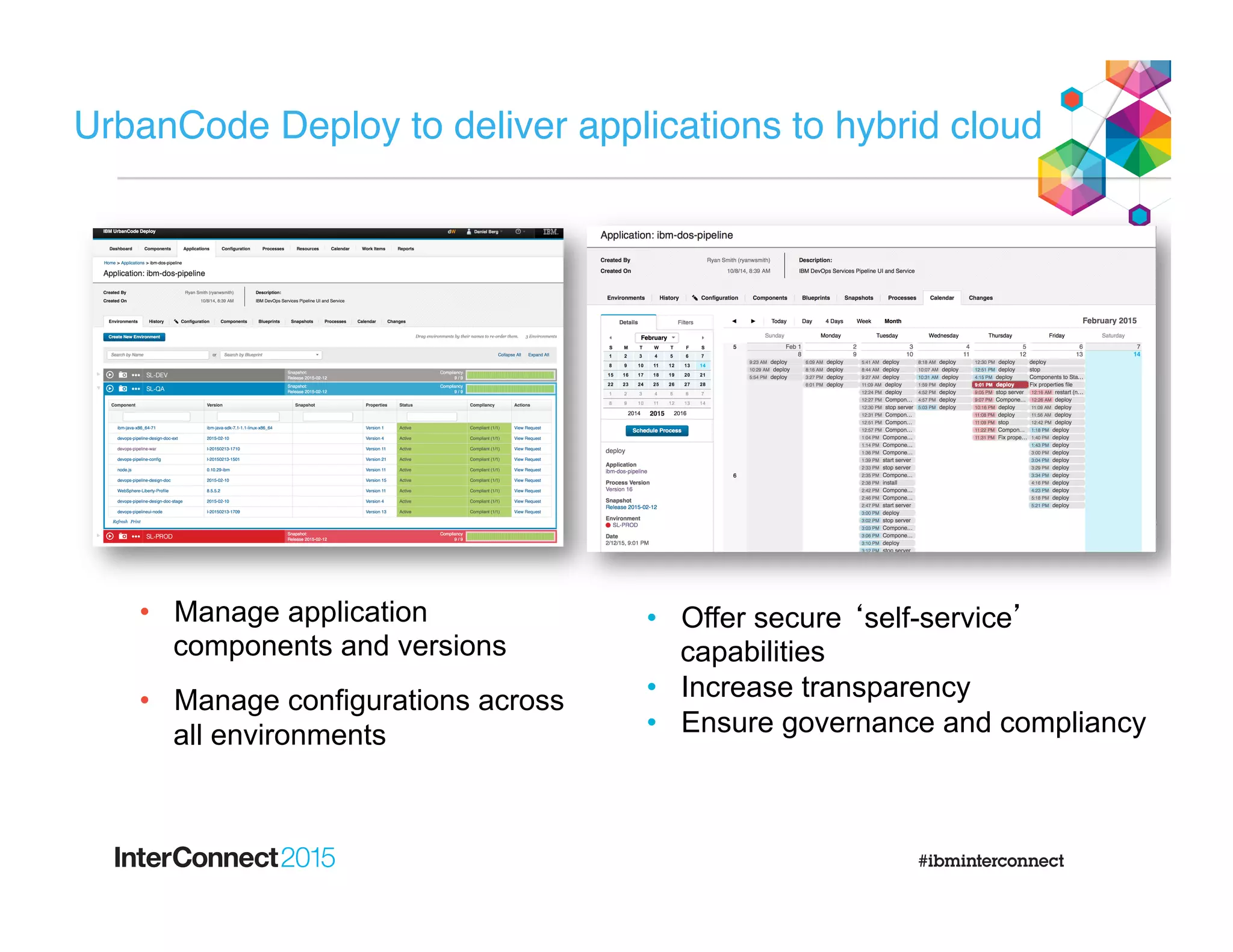 UrbanCode Deploy to deliver applications to hybrid cloud
•  Manage application
components and versions
•  Manage configurations across
all environments
•  Offer secure ‘self-service’
capabilities
•  Increase transparency
•  Ensure governance and compliancy
 