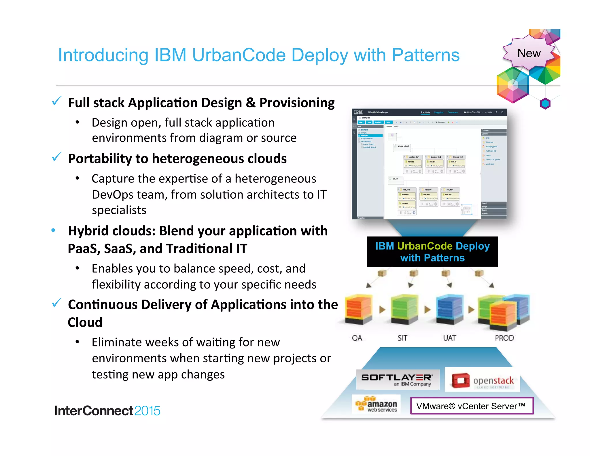Introducing IBM UrbanCode Deploy with Patterns
IBM UrbanCode Deploy
with Patterns
New
VMware® vCenter Server™
ü  Full	
  stack	
  Applica8on	
  Design	
  &	
  Provisioning	
  
•  Design	
  open,	
  full	
  stack	
  applicaCon	
  
environments	
  from	
  diagram	
  or	
  source	
  
ü  Portability	
  to	
  heterogeneous	
  clouds	
  
•  Capture	
  the	
  experCse	
  of	
  a	
  heterogeneous	
  
DevOps	
  team,	
  from	
  soluCon	
  architects	
  to	
  IT	
  
specialists	
  
•  Hybrid	
  clouds:	
  Blend	
  your	
  applica8on	
  with	
  
PaaS,	
  SaaS,	
  and	
  Tradi8onal	
  IT	
  
•  Enables	
  you	
  to	
  balance	
  speed,	
  cost,	
  and	
  
ﬂexibility	
  according	
  to	
  your	
  speciﬁc	
  needs	
  
ü  Con8nuous	
  Delivery	
  of	
  Applica8ons	
  into	
  the	
  
Cloud	
  
•  Eliminate	
  weeks	
  of	
  waiCng	
  for	
  new	
  
environments	
  when	
  starCng	
  new	
  projects	
  or	
  
tesCng	
  new	
  app	
  changes	
  
 