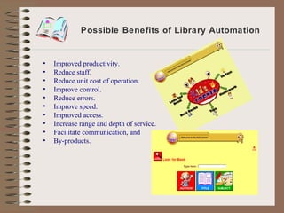 Possible Benefits of Library Automation Improved productivity. Reduce staff. Reduce unit cost of operation. Improve control. Reduce errors. Improve speed. Improved access. Increase range and depth of service. Facilitate communication, and By-products. 
