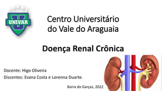Centro Universitário
do Vale do Araguaia
Doença Renal Crônica
Docente: Higo Oliveira
Discentes: Evana Costa e Lorenna Duarte.
Barra do Garças, 2022
 