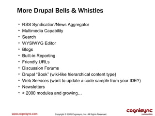 www.cognisync.com More Drupal Bells & Whistles RSS Syndication/News Aggregator Multimedia Capability Search WYSIWYG Editor Blogs Built-in Reporting Friendly URLs Discussion Forums Drupal “Book” (wiki-like hierarchical content type) Web Services (want to update a code sample from your IDE?) Newsletters > 2000 modules and growing… Copyright © 2009 Cognisync, Inc. All Rights Reserved. 