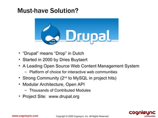 www.cognisync.com Must-have Solution? “ Drupal” means “Drop” in Dutch Started in 2000 by Dries Buytaert A Leading Open Source Web Content Management System Platform of choice for interactive web communities Strong Community (2 nd  to MySQL in project hits) Modular Architecture, Open API Thousands of Contributed Modules Project Site:  www.drupal.org Copyright © 2009 Cognisync, Inc. All Rights Reserved. 